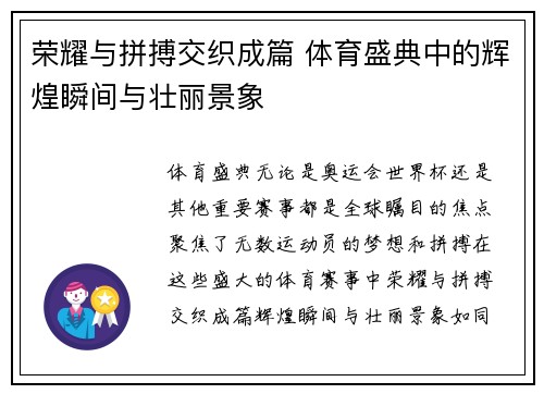 荣耀与拼搏交织成篇 体育盛典中的辉煌瞬间与壮丽景象